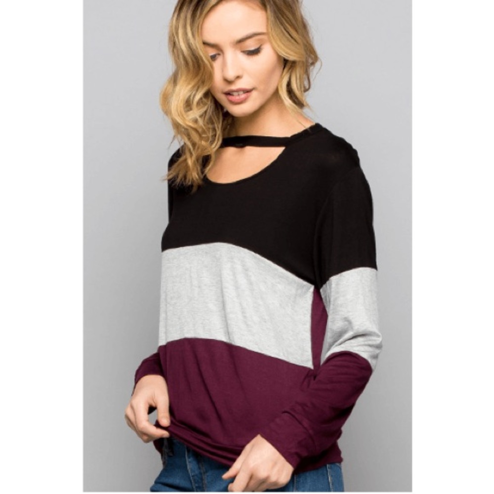 Color Block Long Sleeve Cut Out Top